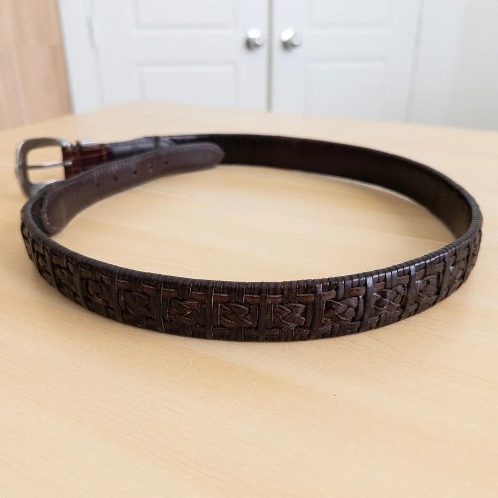 Mens Leather Belt Size 34 Brown Woven Western Lizard Embossed Buckle Cowboy